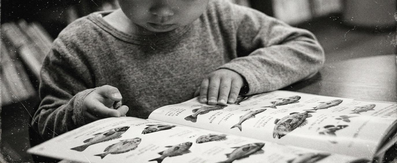 魚の図鑑を眺める少年